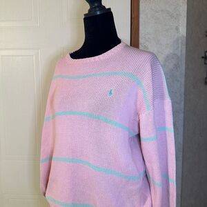 Ralph Lauren Pink and Green Striped Crew Neck Sweater